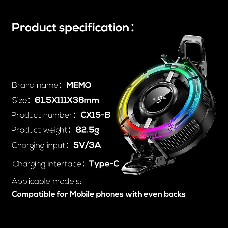 MEMO CX15 Digital Display Mobile Game Cooling Fan Colorful Led Light Phone Cooler With Four Types RGB Light